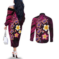 Hawaiian Turtles and Plumeria Couples Matching Off The Shoulder Long Sleeve Dress and Long Sleeve Button Shirt Polynesian Art Tribal Tattoo Cerise LT03 - Polynesian Pride