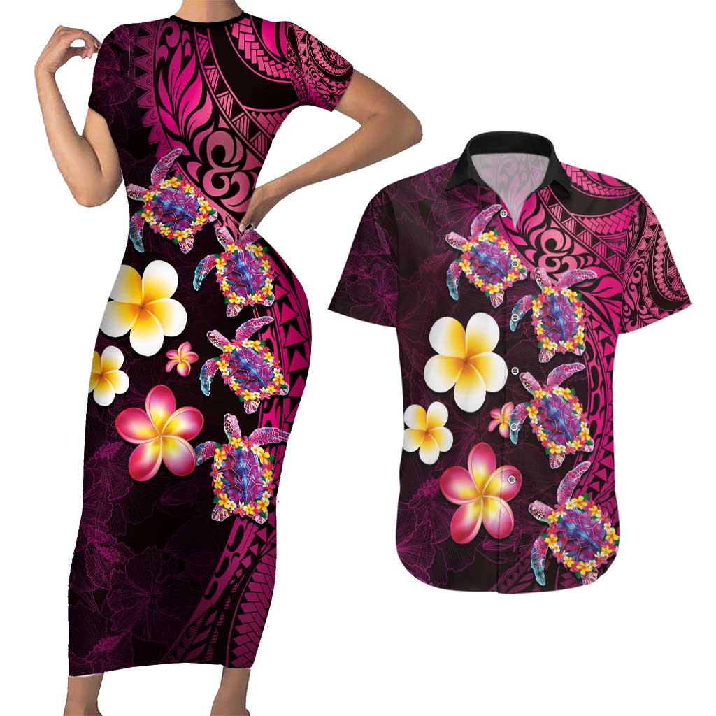 Hawaiian Turtles and Plumeria Couples Matching Short Sleeve Bodycon Dress and Hawaiian Shirt Polynesian Art Tribal Tattoo Cerise