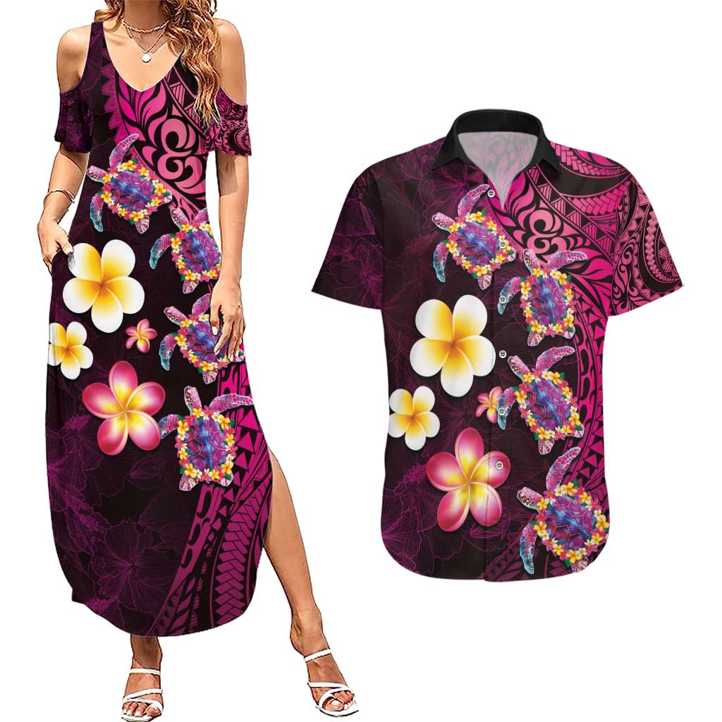 Hawaiian Turtles and Plumeria Couples Matching Summer Maxi Dress and Hawaiian Shirt Polynesian Art Tribal Tattoo Cerise LT03 Pink - Polynesian Pride