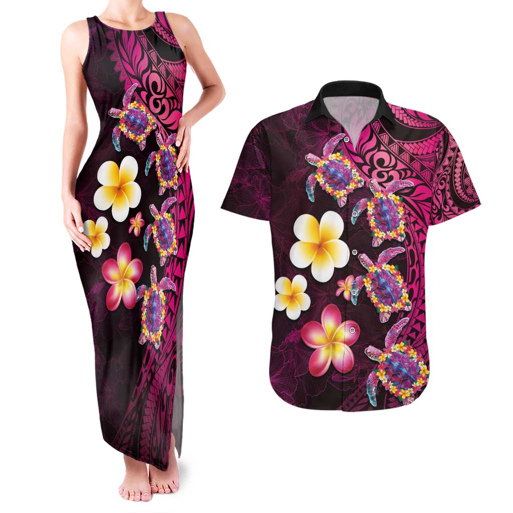 Hawaiian Turtles and Plumeria Couples Matching Tank Maxi Dress and Hawaiian Shirt Polynesian Art Tribal Tattoo Cerise LT03 Pink - Polynesian Pride
