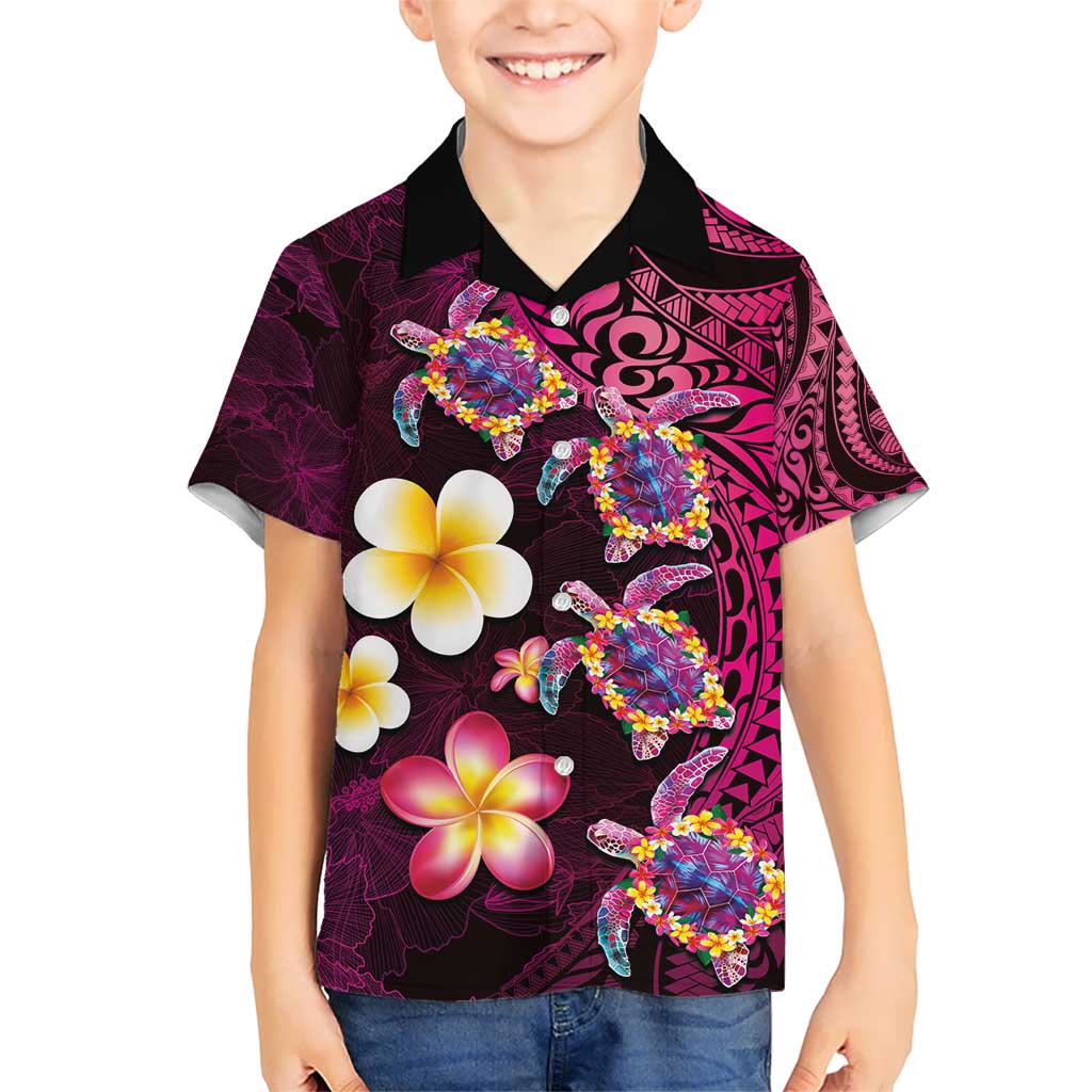 Hawaiian Turtles and Plumeria Kid Hawaiian Shirt Polynesian Art Tribal Tattoo Cerise LT03 Kid Pink - Polynesian Pride
