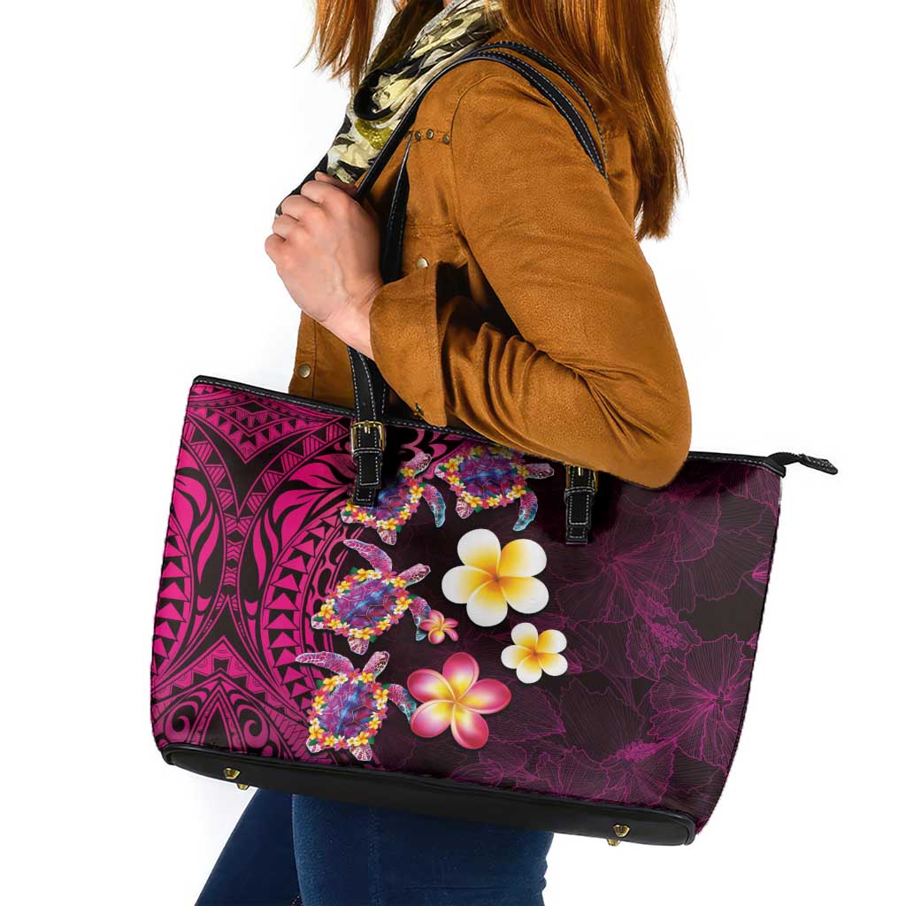 Hawaiian Turtles and Plumeria Leather Tote Bag Polynesian Art Tribal Tattoo Cerise LT03 Pink - Polynesian Pride