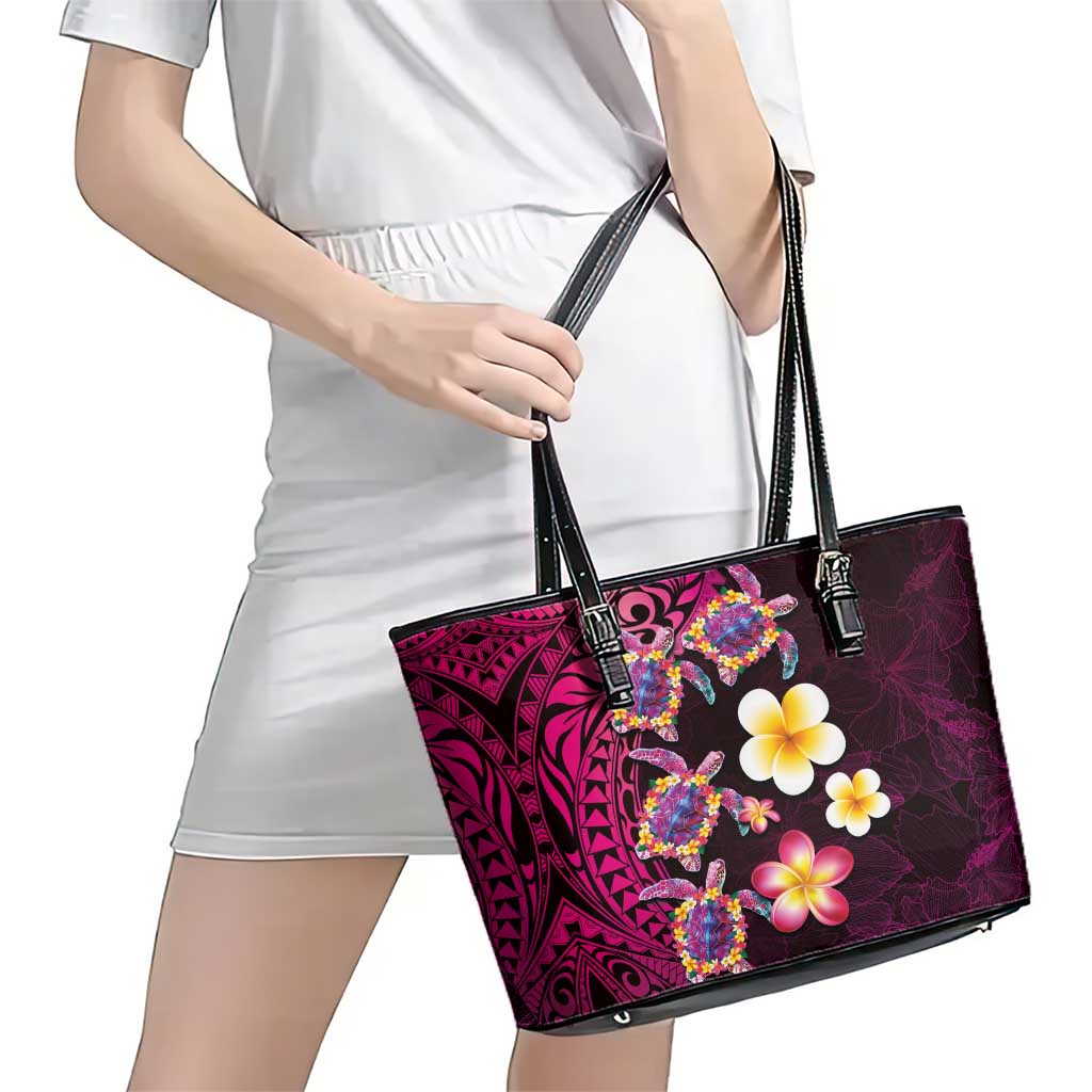 Hawaiian Turtles and Plumeria Leather Tote Bag Polynesian Art Tribal Tattoo Cerise LT03 - Polynesian Pride