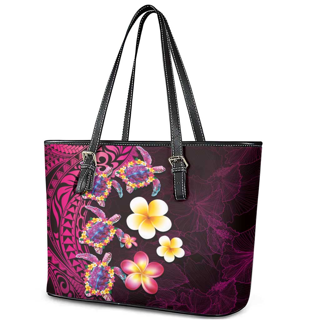 Hawaiian Turtles and Plumeria Leather Tote Bag Polynesian Art Tribal Tattoo Cerise LT03 - Polynesian Pride
