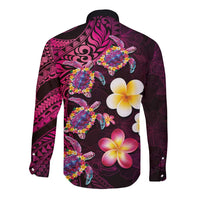 Hawaiian Turtles and Plumeria Long Sleeve Button Shirt - Polynesian Art Tribal Tattoo Cerise LT03 - Polynesian Pride