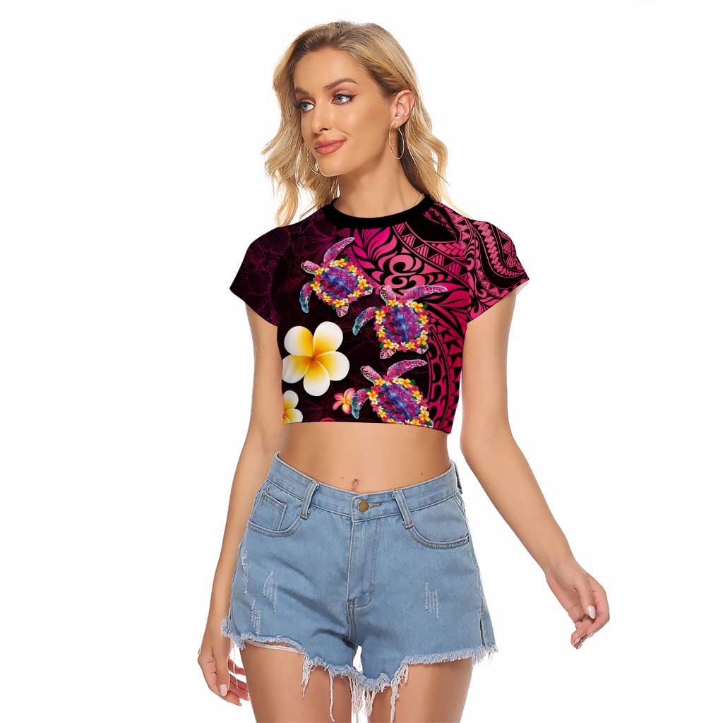Hawaiian Turtles and Plumeria Raglan Cropped T Shirt Polynesian Art Tribal Tattoo Cerise LT03 Female Pink - Polynesian Pride