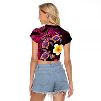 Hawaiian Turtles and Plumeria Raglan Cropped T Shirt Polynesian Art Tribal Tattoo Cerise LT03 - Polynesian Pride