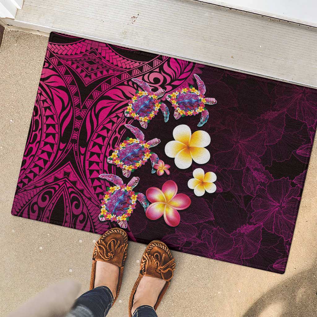 Hawaiian Turtles and Plumeria Rubber Doormat Polynesian Art Tribal Tattoo Cerise LT03 - Polynesian Pride