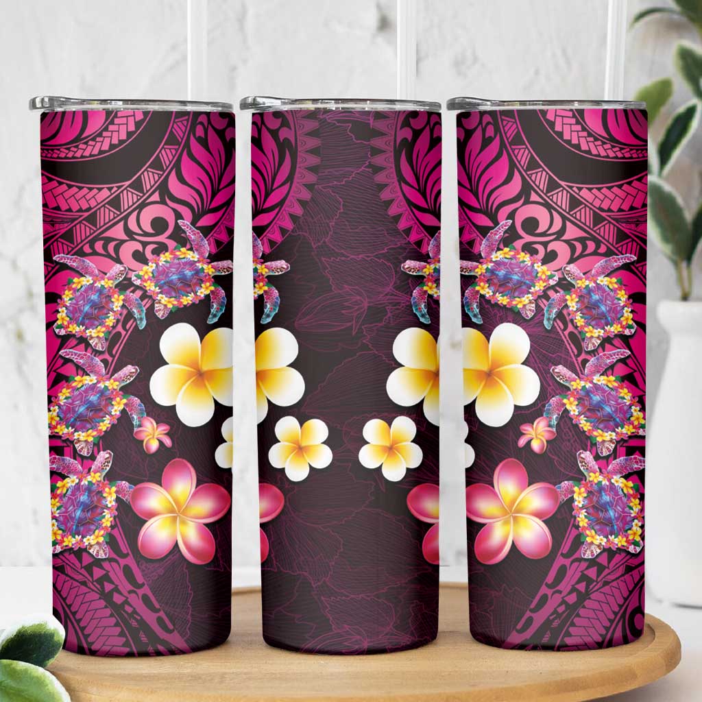 Hawaiian Turtles and Plumeria Skinny Tumbler Polynesian Art Tribal Tattoo Cerise