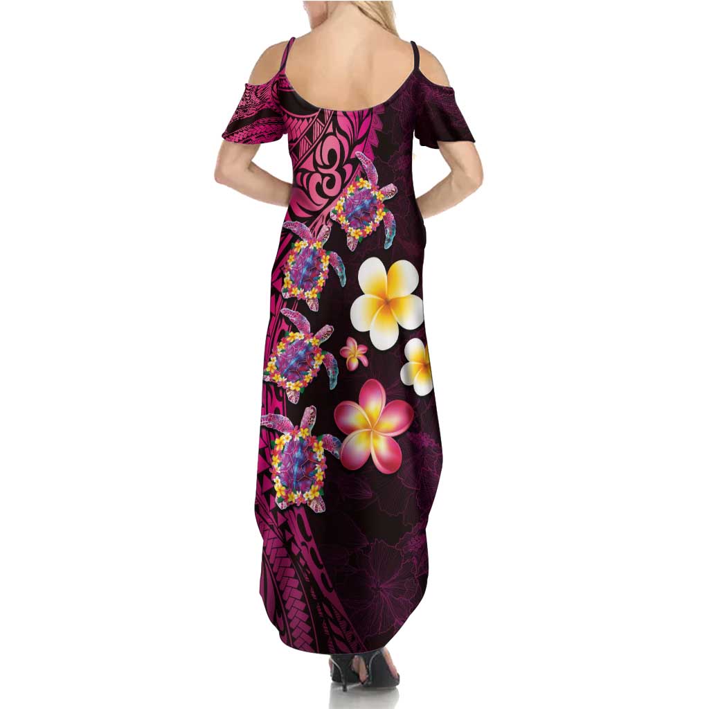 Hawaiian Turtles and Plumeria Summer Maxi Dress Polynesian Art Tribal Tattoo Cerise