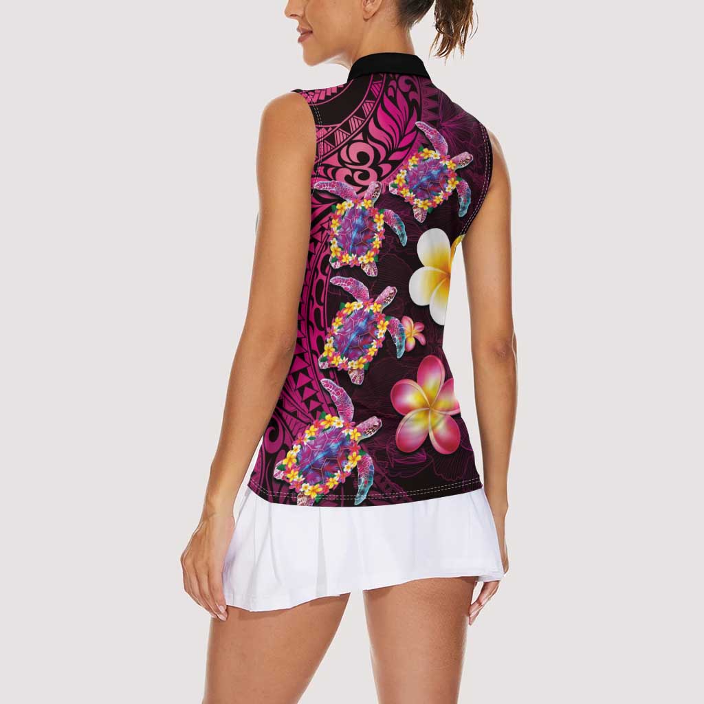 Hawaiian Turtles and Plumeria Women Sleeveless Polo Shirt Polynesian Art Tribal Tattoo Cerise LT03 - Polynesian Pride