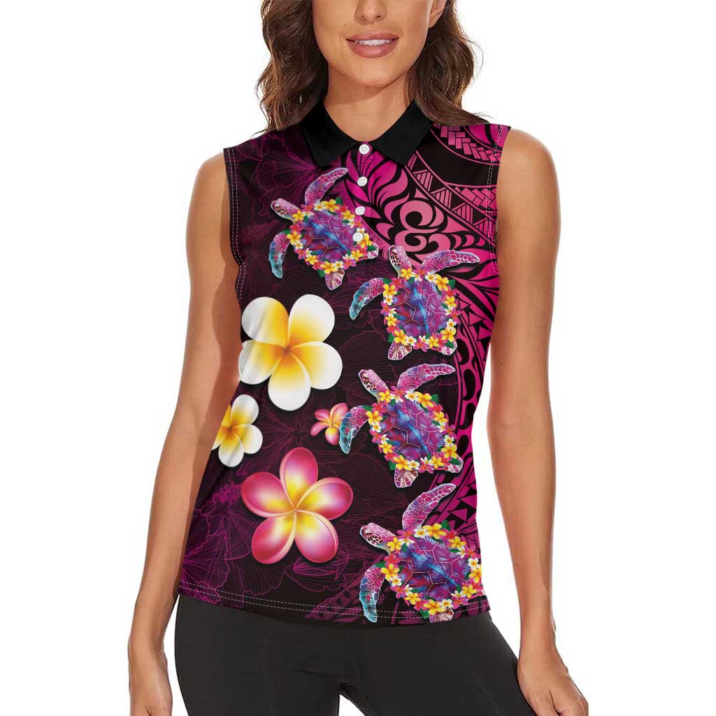 Hawaiian Turtles and Plumeria Women Sleeveless Polo Shirt Polynesian Art Tribal Tattoo Cerise LT03 - Polynesian Pride