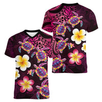 Hawaiian Turtles and Plumeria Women V-Neck T-Shirt Polynesian Art Tribal Tattoo Cerise LT03 - Polynesian Pride