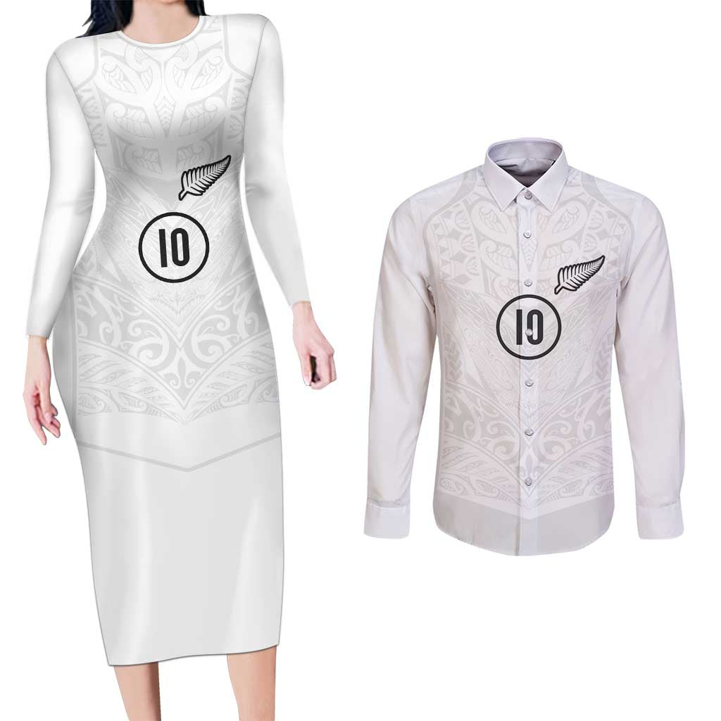 Custom New Zealand Football Couples Matching Long Sleeve Bodycon Dress and Long Sleeve Button Shirt The Whites-Sporty T90 Style LT03 White - Polynesian Pride