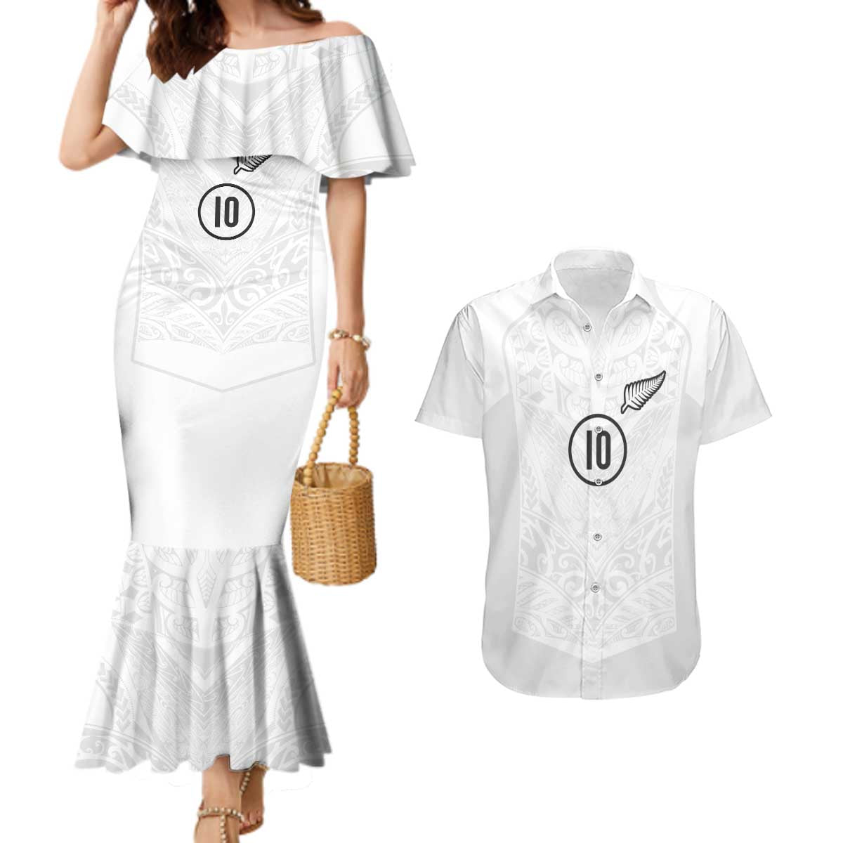 Custom New Zealand Football Couples Matching Mermaid Dress and Hawaiian Shirt The Whites-Sporty T90 Style LT03 White - Polynesian Pride