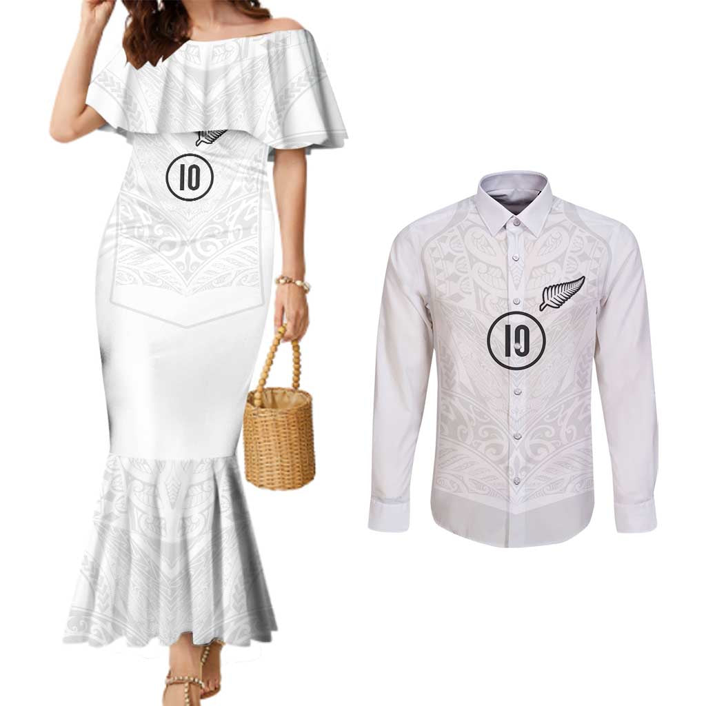 Custom New Zealand Football Couples Matching Mermaid Dress and Long Sleeve Button Shirt The Whites-Sporty T90 Style LT03 White - Polynesian Pride