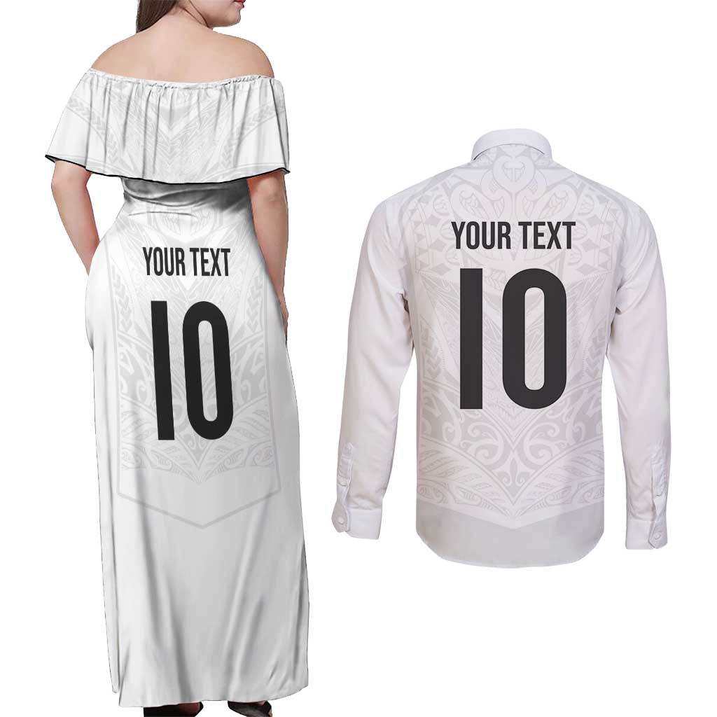 Custom New Zealand Football Couples Matching Off Shoulder Maxi Dress and Long Sleeve Button Shirt The Whites-Sporty T90 Style LT03 - Polynesian Pride