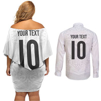 Custom New Zealand Football Couples Matching Off Shoulder Short Dress and Long Sleeve Button Shirt The Whites-Sporty T90 Style LT03 - Polynesian Pride