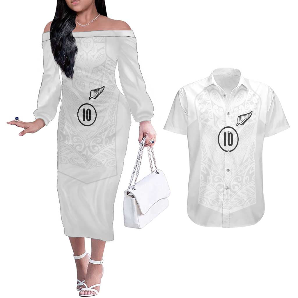 Custom New Zealand Football Couples Matching Off The Shoulder Long Sleeve Dress and Hawaiian Shirt The Whites-Sporty T90 Style LT03 White - Polynesian Pride