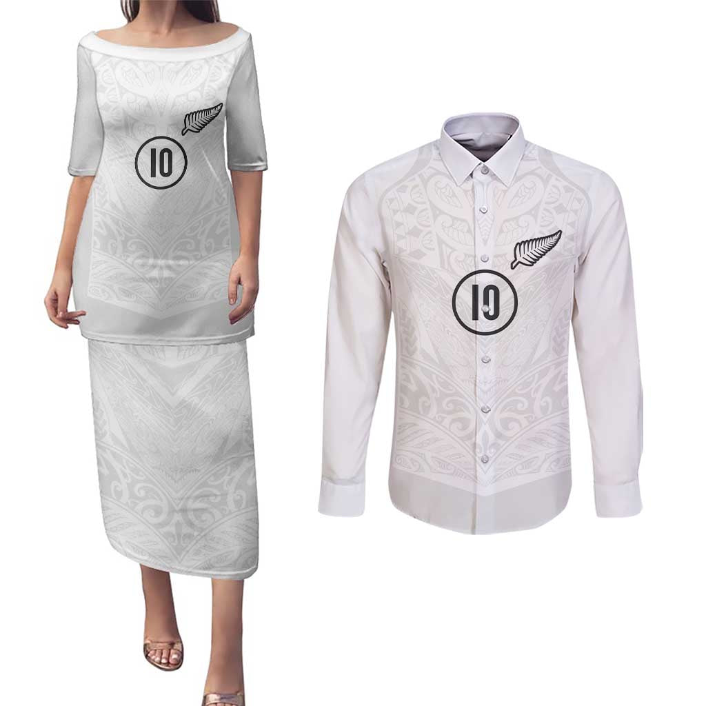 Custom New Zealand Football Couples Matching Puletasi and Long Sleeve Button Shirt The Whites-Sporty T90 Style LT03 White - Polynesian Pride