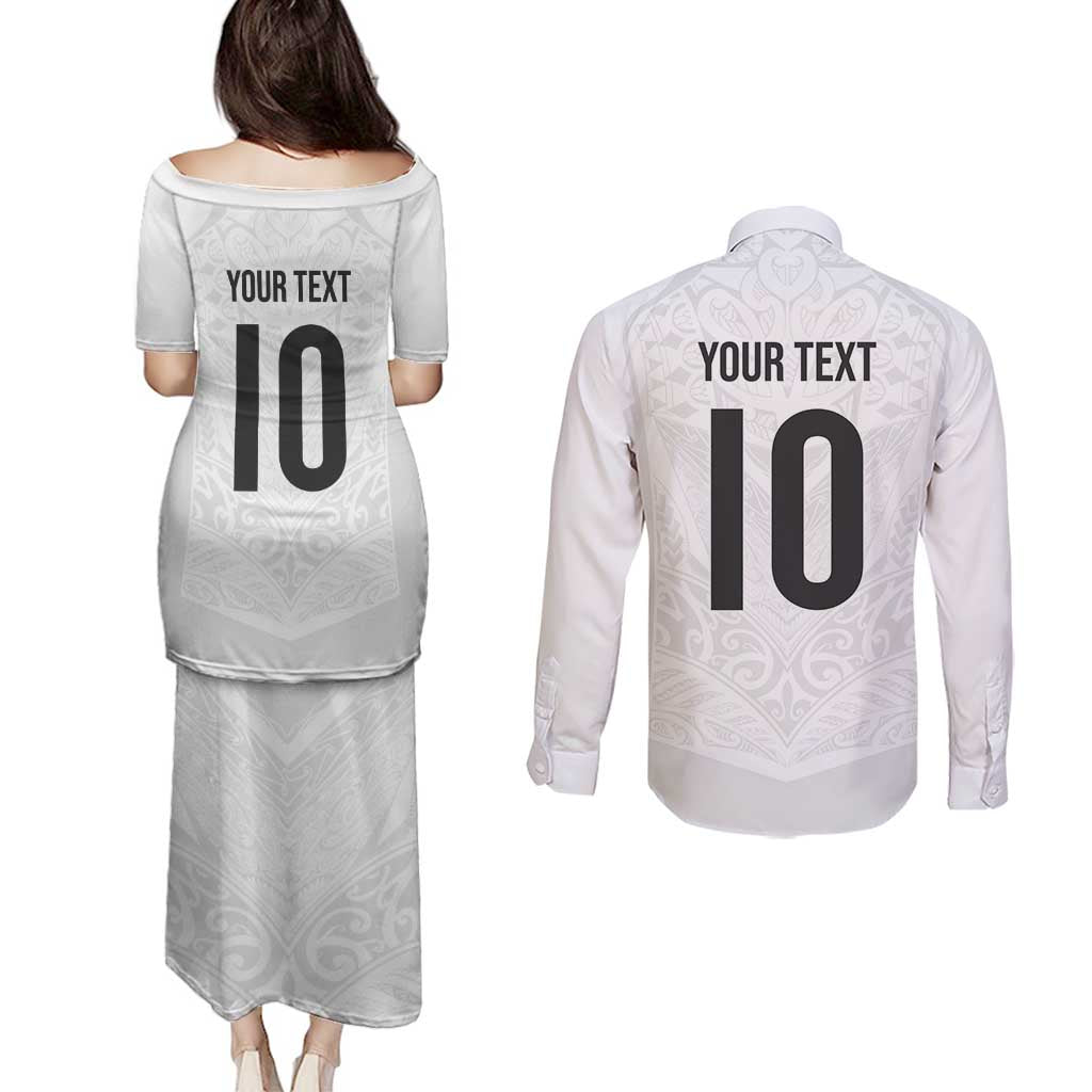 Custom New Zealand Football Couples Matching Puletasi and Long Sleeve Button Shirt The Whites-Sporty T90 Style LT03 - Polynesian Pride