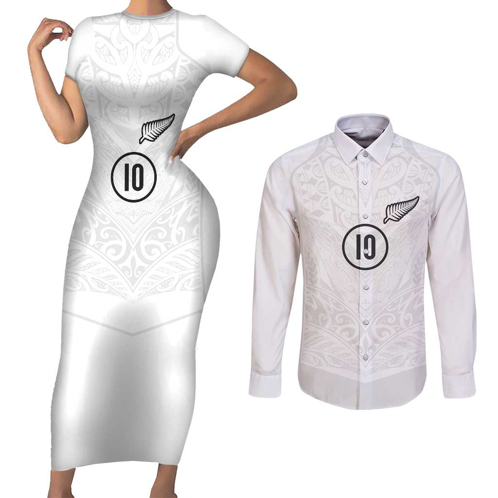 Custom New Zealand Football Couples Matching Short Sleeve Bodycon Dress and Long Sleeve Button Shirt The Whites-Sporty T90 Style LT03 White - Polynesian Pride