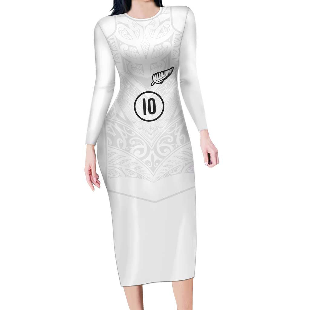 Custom New Zealand Football Long Sleeve Bodycon Dress The Whites-Sporty T90 Style LT03 Long Dress White - Polynesian Pride