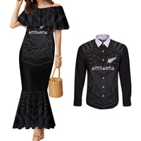 Custom Aotearoa Rugby Couples Matching Mermaid Dress and Long Sleeve Button Shirt The Blacks-Sporty T90 Style LT03 Black - Polynesian Pride