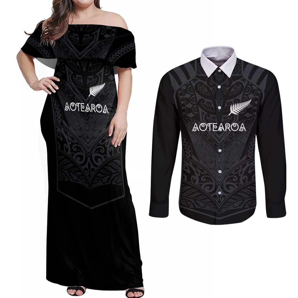 Custom Aotearoa Rugby Couples Matching Off Shoulder Maxi Dress and Long Sleeve Button Shirt The Blacks-Sporty T90 Style LT03 Black - Polynesian Pride