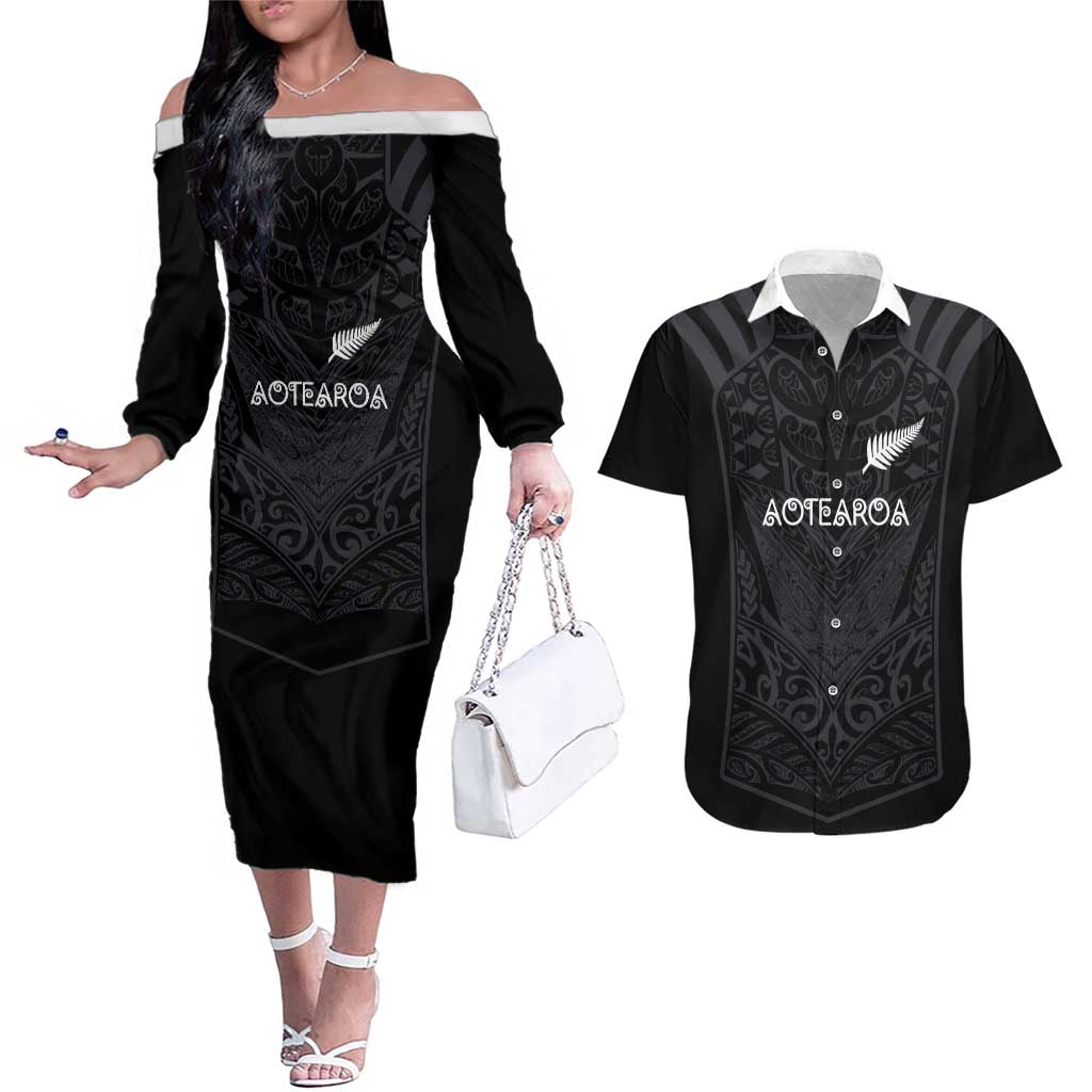 Custom Aotearoa Rugby Couples Matching Off The Shoulder Long Sleeve Dress and Hawaiian Shirt The Blacks-Sporty T90 Style LT03 Black - Polynesian Pride