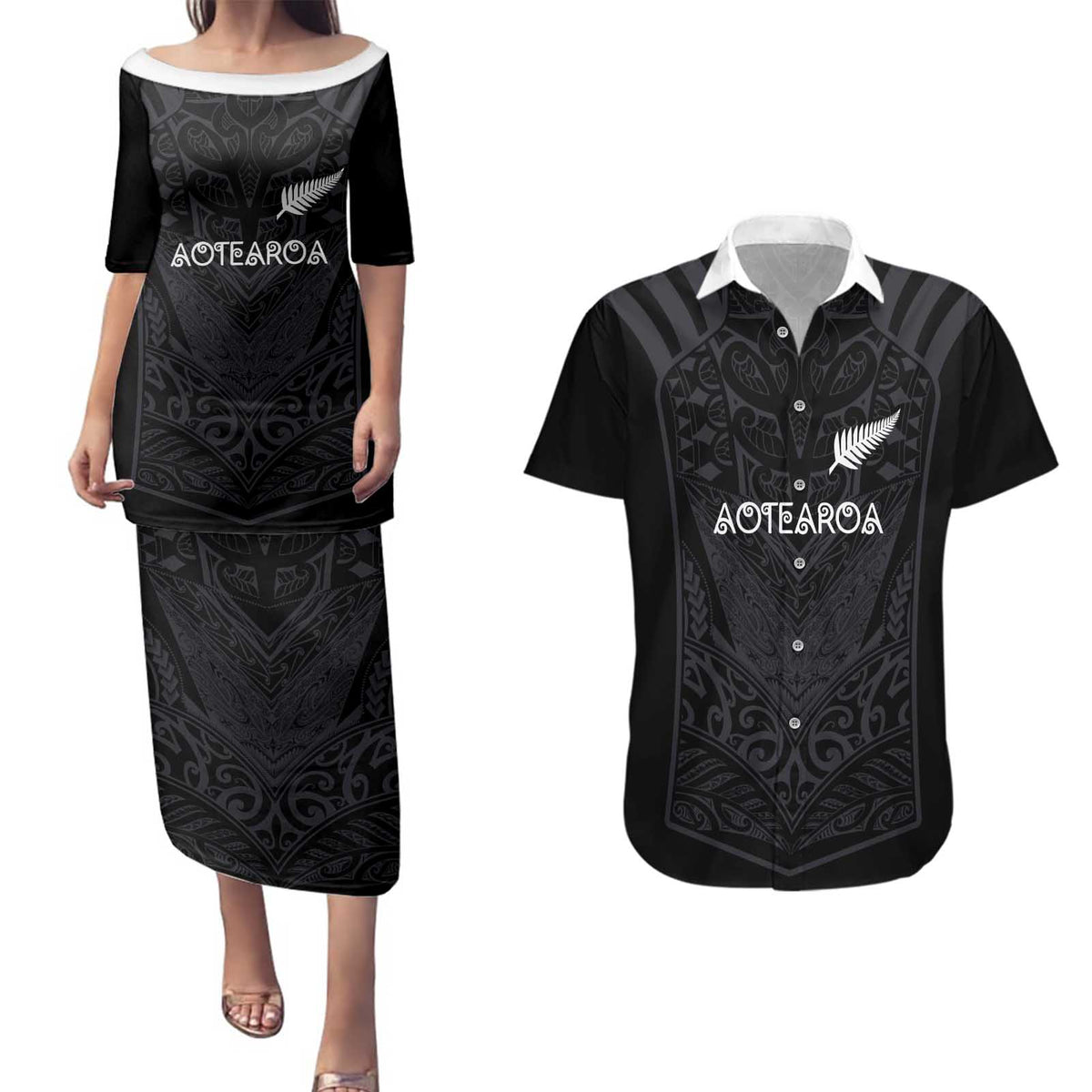 Custom Aotearoa Rugby Couples Matching Puletasi and Hawaiian Shirt The Blacks-Sporty T90 Style LT03 Black - Polynesian Pride