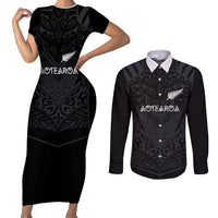 Custom Aotearoa Rugby Couples Matching Short Sleeve Bodycon Dress and Long Sleeve Button Shirt The Blacks-Sporty T90 Style LT03 Black - Polynesian Pride