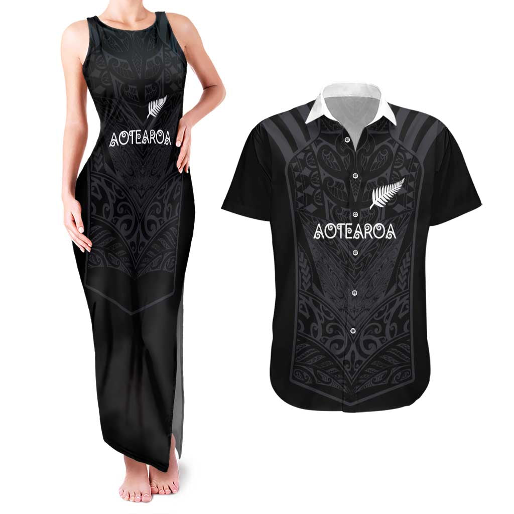 Custom Aotearoa Rugby Couples Matching Tank Maxi Dress and Hawaiian Shirt The Blacks-Sporty T90 Style LT03 Black - Polynesian Pride