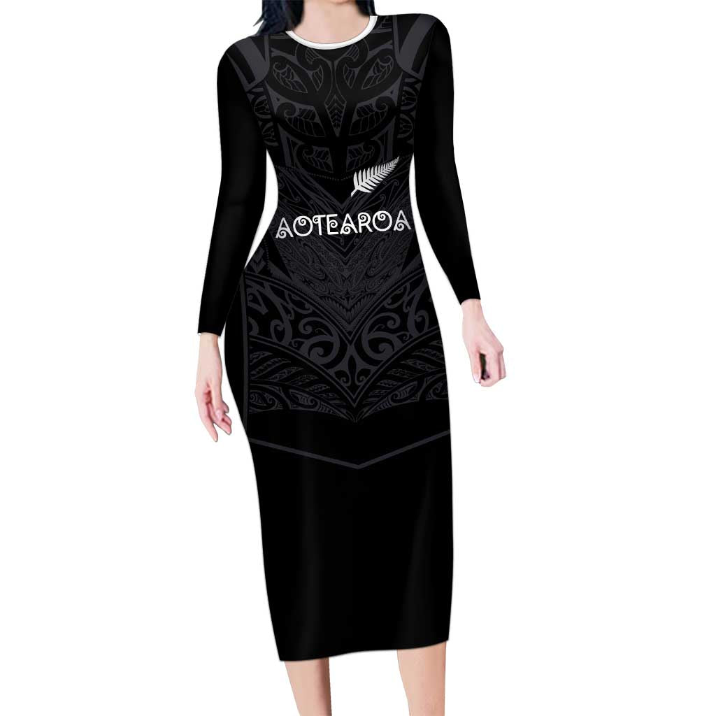 Custom Aotearoa Rugby Family Matching Long Sleeve Bodycon Dress and Hawaiian Shirt The Blacks-Sporty T90 Style LT03 Mom's Dress Black - Polynesian Pride