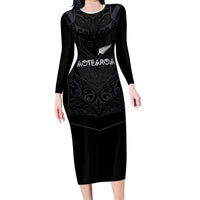 Custom Aotearoa Rugby Family Matching Long Sleeve Bodycon Dress and Hawaiian Shirt The Blacks-Sporty T90 Style LT03 Mom's Dress Black - Polynesian Pride