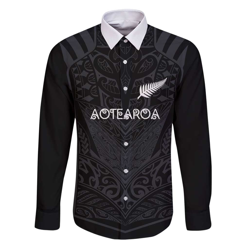Custom Aotearoa Rugby Family Matching Puletasi and Hawaiian Shirt The Blacks-Sporty T90 Style LT03 Dad's Shirt - Long Sleeve Black - Polynesian Pride