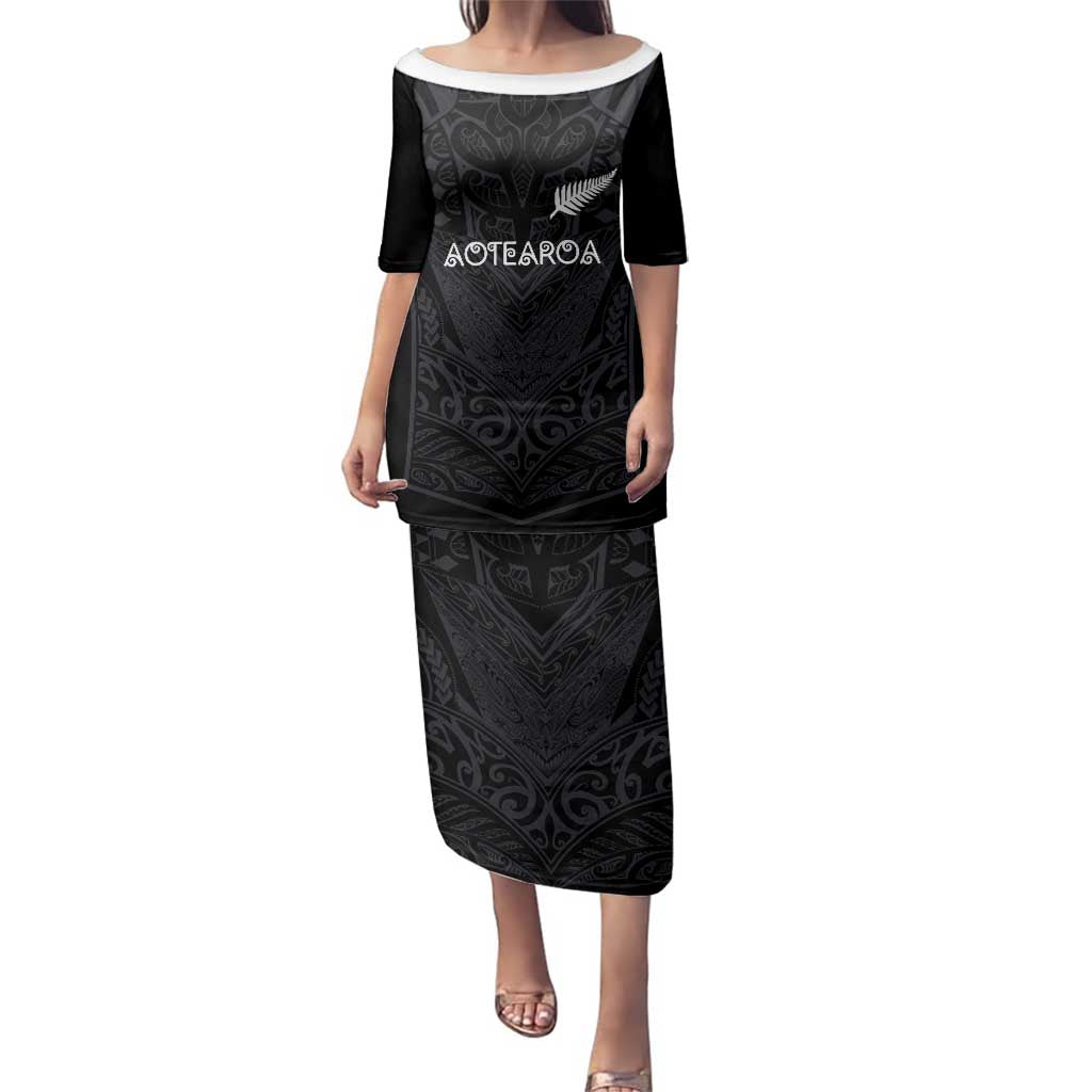 Custom Aotearoa Rugby Family Matching Puletasi and Hawaiian Shirt The Blacks-Sporty T90 Style LT03 Mom's Dress Black - Polynesian Pride