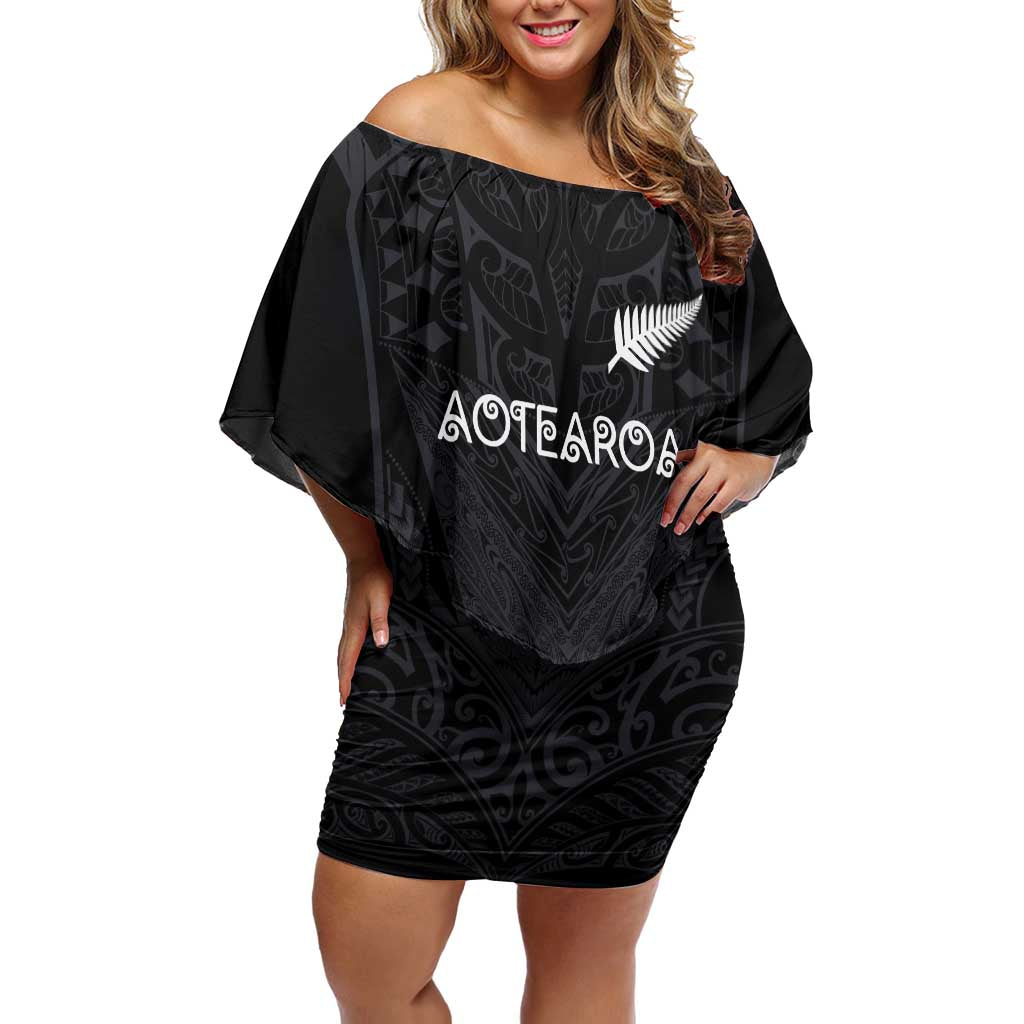 Custom Aotearoa Rugby Off Shoulder Short Dress The Blacks-Sporty T90 Style LT03 Women Black - Polynesian Pride