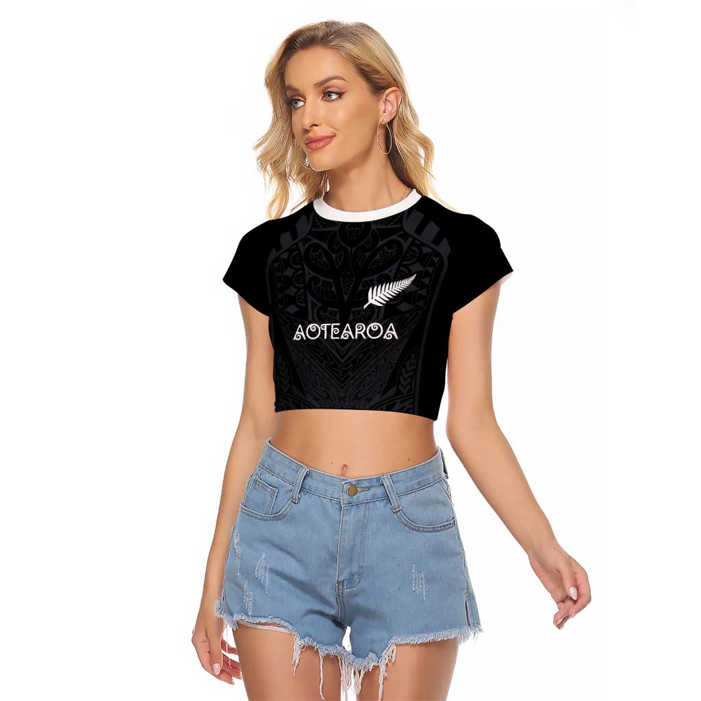 Custom Aotearoa Rugby Raglan Cropped T Shirt The Blacks-Sporty T90 Style LT03 Female Black - Polynesian Pride