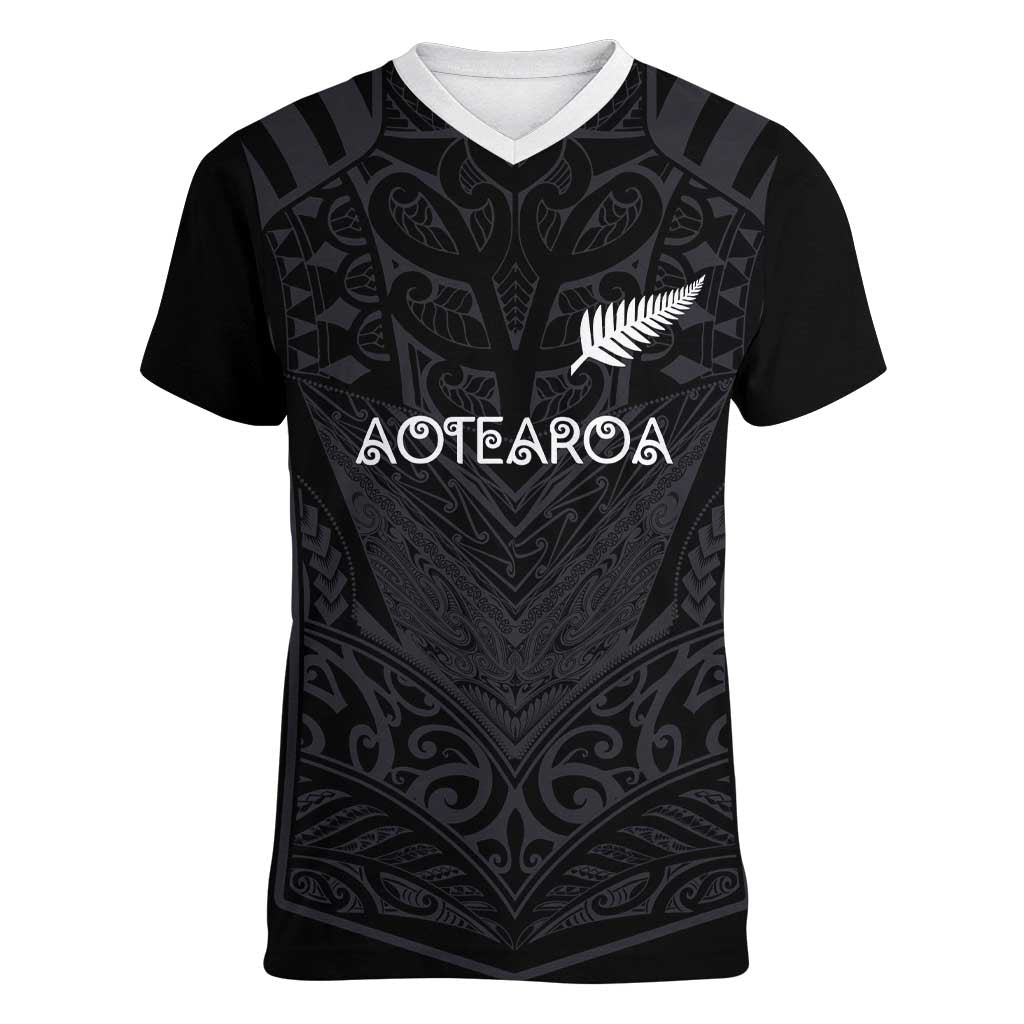 Custom Aotearoa Rugby Women V-Neck T-Shirt The Blacks-Sporty T90 Style LT03 Female Black - Polynesian Pride