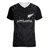 Custom Aotearoa Rugby Women V-Neck T-Shirt The Blacks-Sporty T90 Style LT03 Female Black - Polynesian Pride