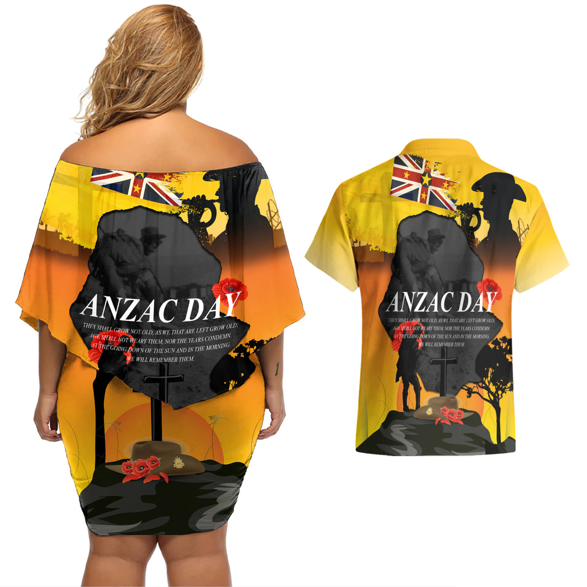 Niue ANZAC Day Couples Matching Off Shoulder Short Dress and Hawaiian Shirt Soldier and Gallipoli Lest We Forget LT03 - Polynesian Pride
