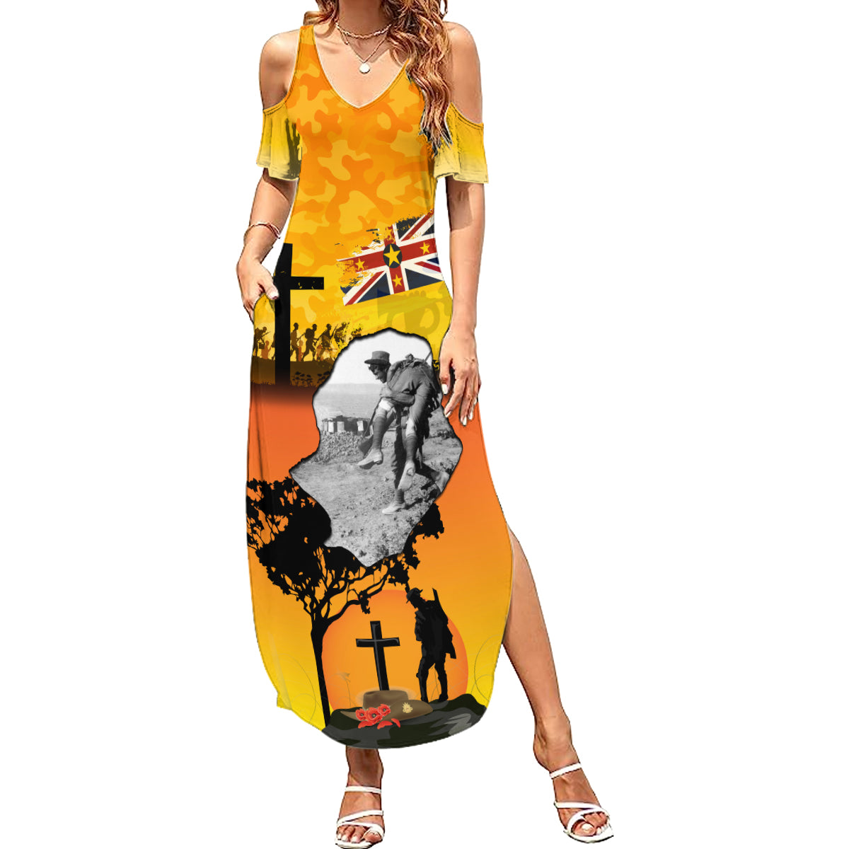 Niue ANZAC Day Family Matching Summer Maxi Dress and Hawaiian Shirt Soldier and Gallipoli Lest We Forget LT03 Mom's Dress Yellow - Polynesian Pride