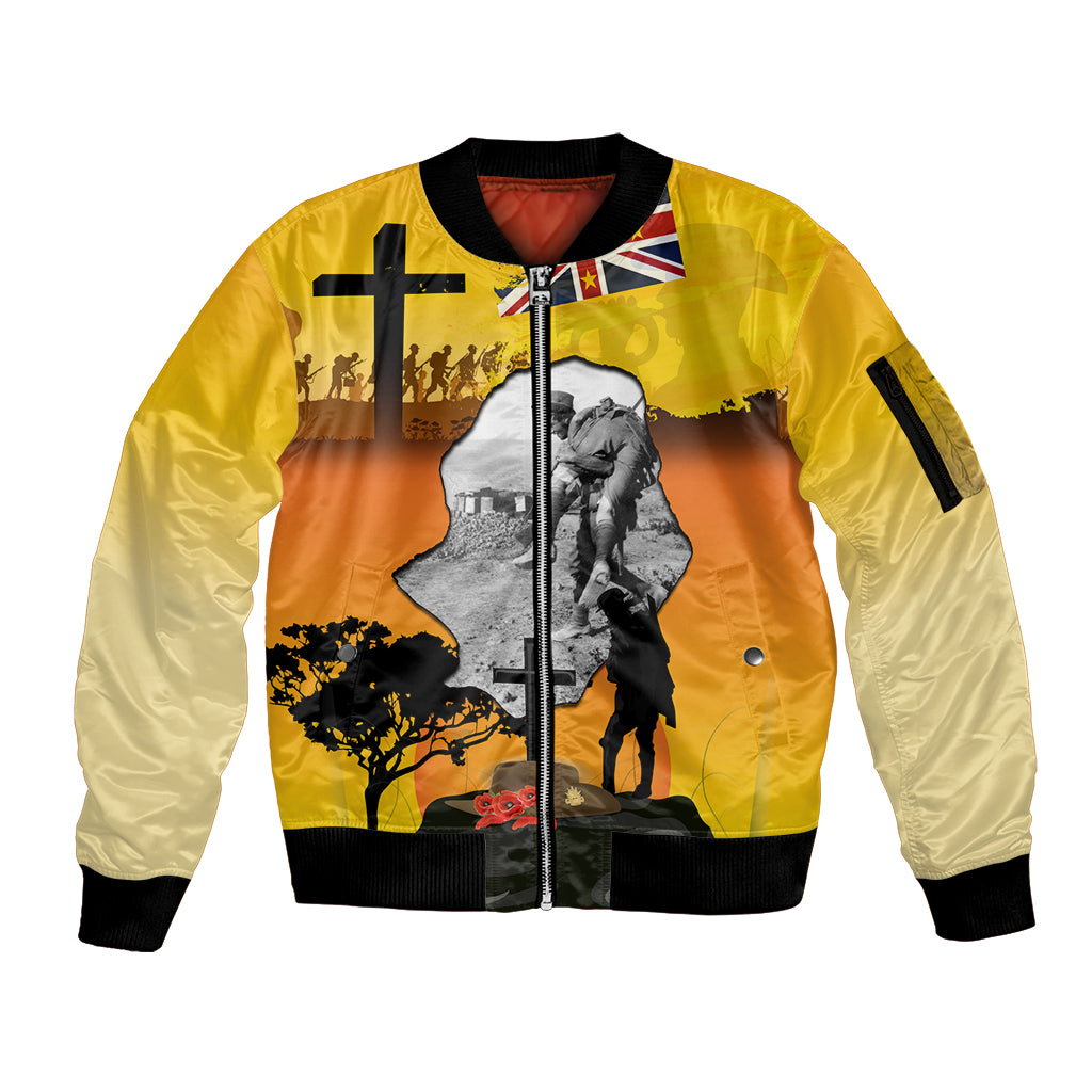 Niue ANZAC Day Sleeve Zip Bomber Jacket Soldier and Gallipoli Lest We Forget LT03 Unisex Yellow - Polynesian Pride