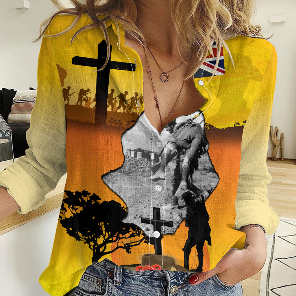 Niue ANZAC Day Women Casual Shirt Soldier and Gallipoli Lest We Forget LT03 Female Yellow - Polynesian Pride