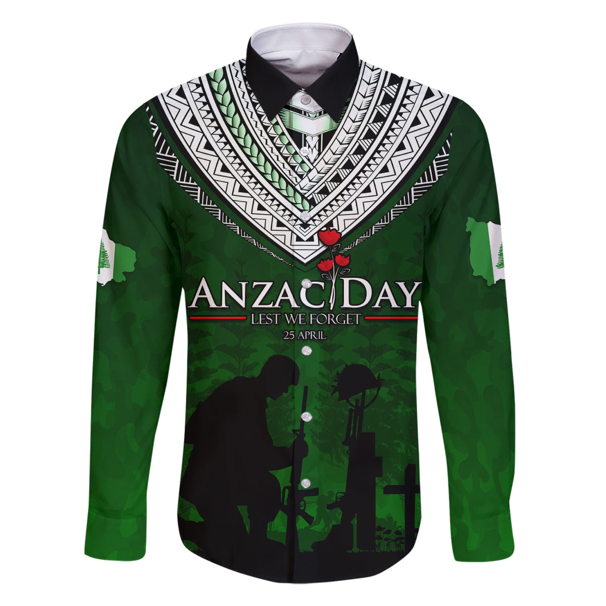 Norfolk Island ANZAC Day Family Matching Long Sleeve Bodycon Dress and Hawaiian Shirt Soldier Lest We Forget Camouflage LT03 Dad's Shirt - Long Sleeve Green - Polynesian Pride
