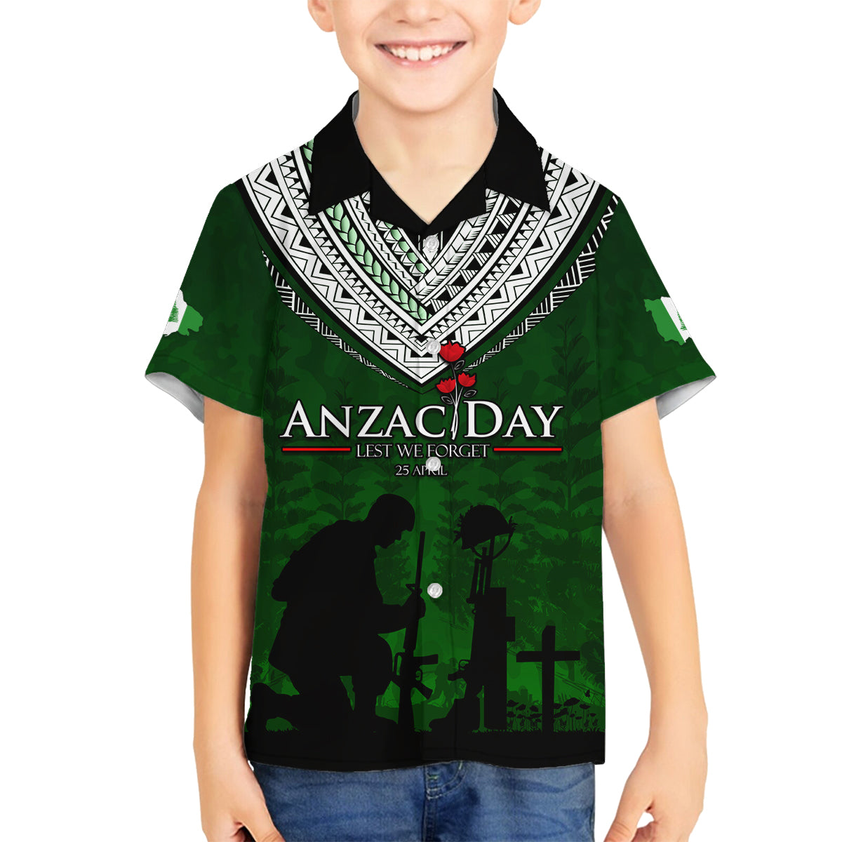 Norfolk Island ANZAC Day Family Matching Off Shoulder Short Dress and Hawaiian Shirt Soldier Lest We Forget Camouflage LT03 Son's Shirt Green - Polynesian Pride