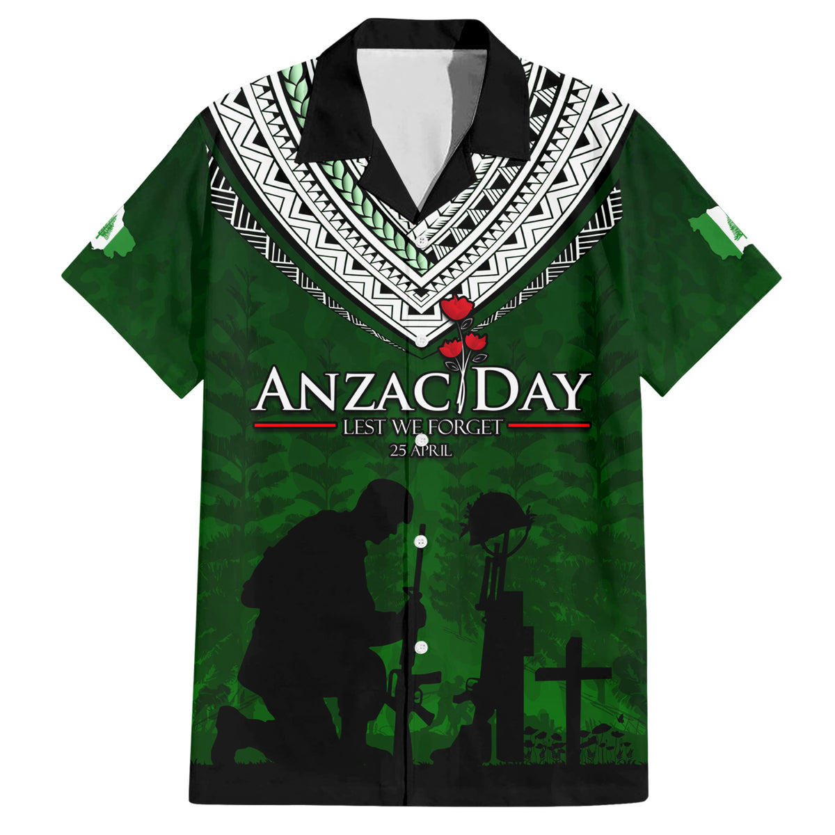 Norfolk Island ANZAC Day Family Matching Short Sleeve Bodycon Dress and Hawaiian Shirt Soldier Lest We Forget Camouflage LT03 Dad's Shirt - Short Sleeve Green - Polynesian Pride