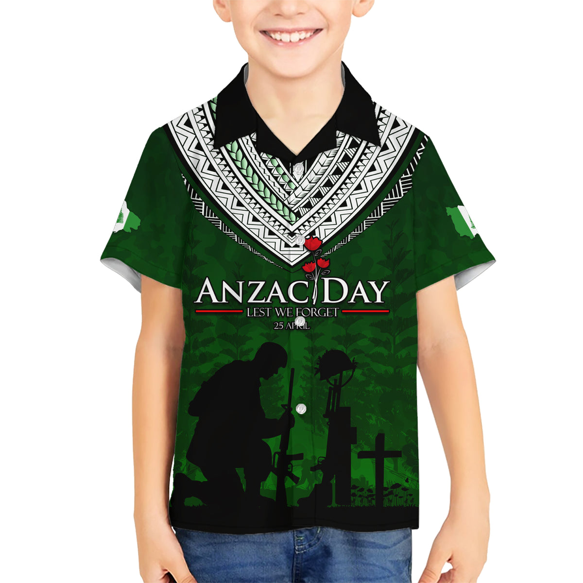 Norfolk Island ANZAC Day Family Matching Short Sleeve Bodycon Dress and Hawaiian Shirt Soldier Lest We Forget Camouflage LT03 Son's Shirt Green - Polynesian Pride