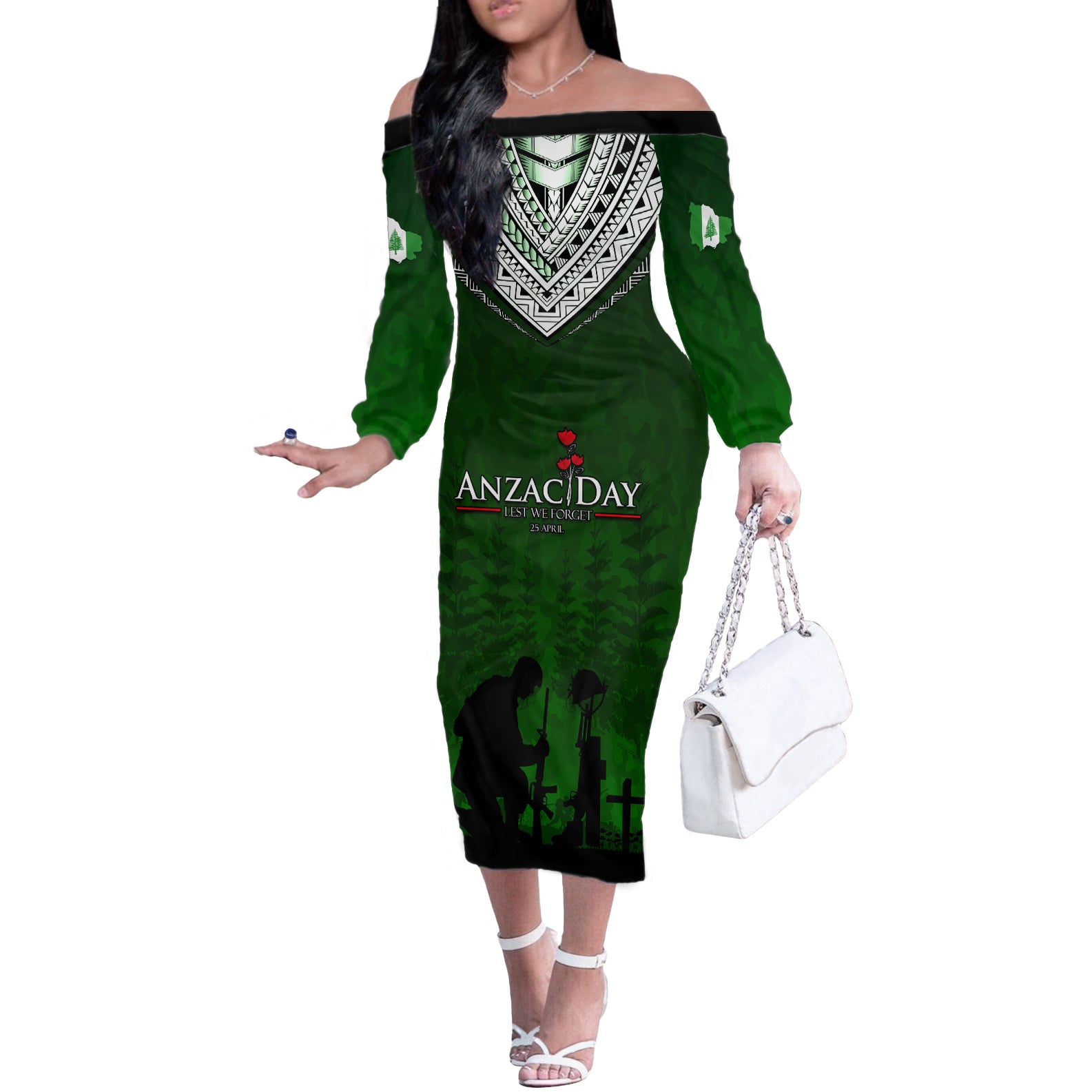 Norfolk Island ANZAC Day Off The Shoulder Long Sleeve Dress Soldier Lest We Forget Camouflage LT03 Women Green - Polynesian Pride